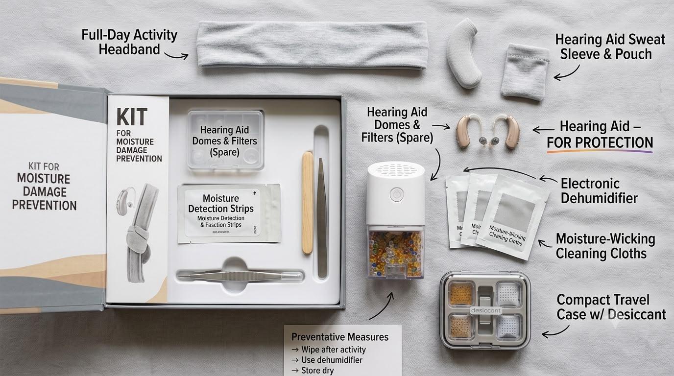 Hearing aid protection accessories designed to reduce sweat exposure and improve device care