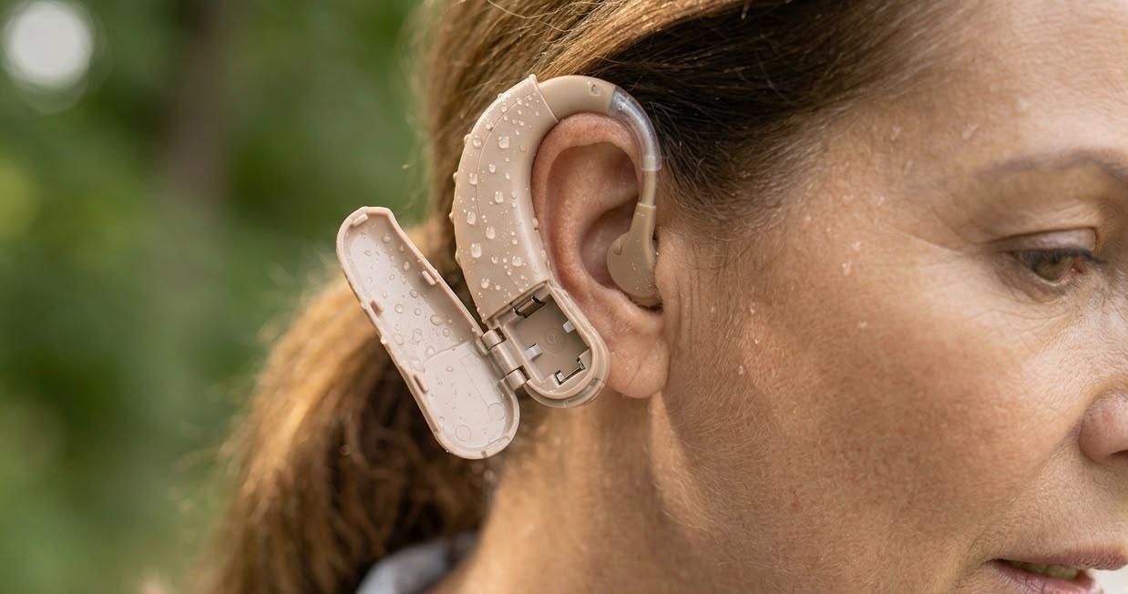 Hearing aid sweat band providing reliable BTE hearing aid protection during active lifestyles